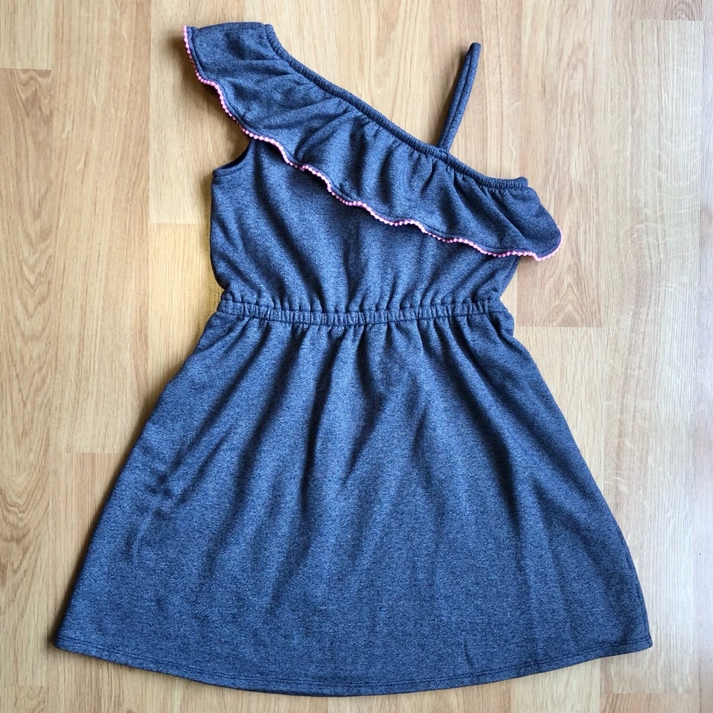 EUC Janie and Jack Girl’s Dress-One Shoulder, Blue with Pink Pom Pom Trim